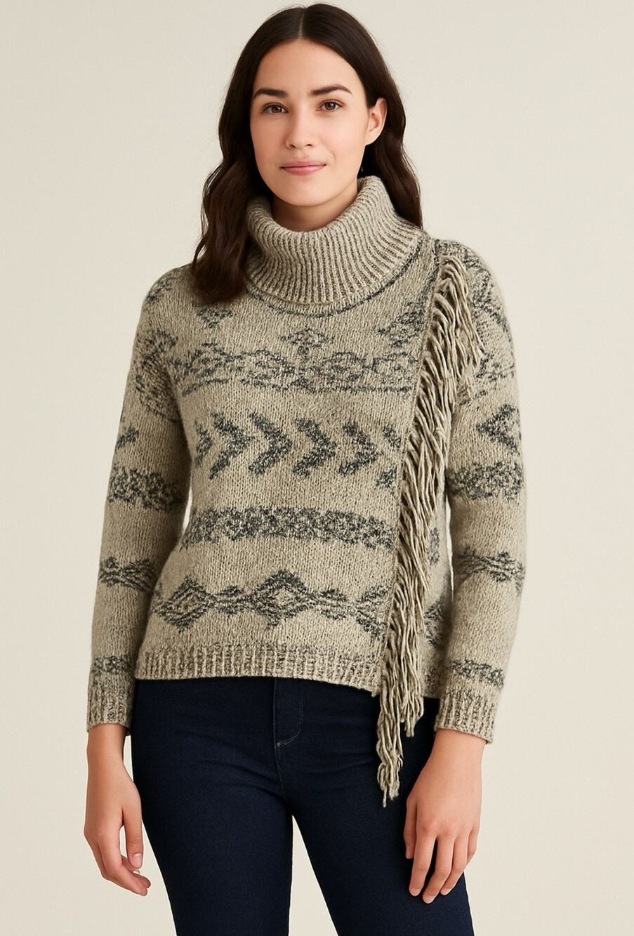 Lucky Brand Sweater Womens M Gray Fair Isle Turtleneck Fringe Knit‎ Pullover